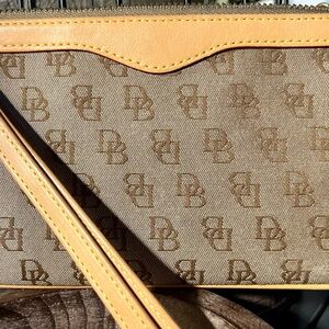 Dooney & Bourke Brown and Tan Monogram Wristlet with Keychain.